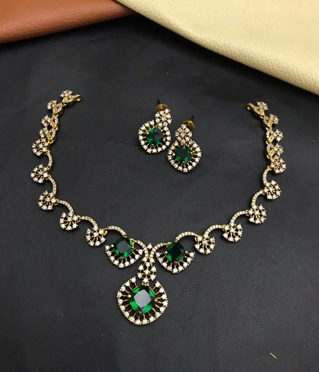 Classic Gold Plated Floral Design CZ Stone Necklace Set With Earrings