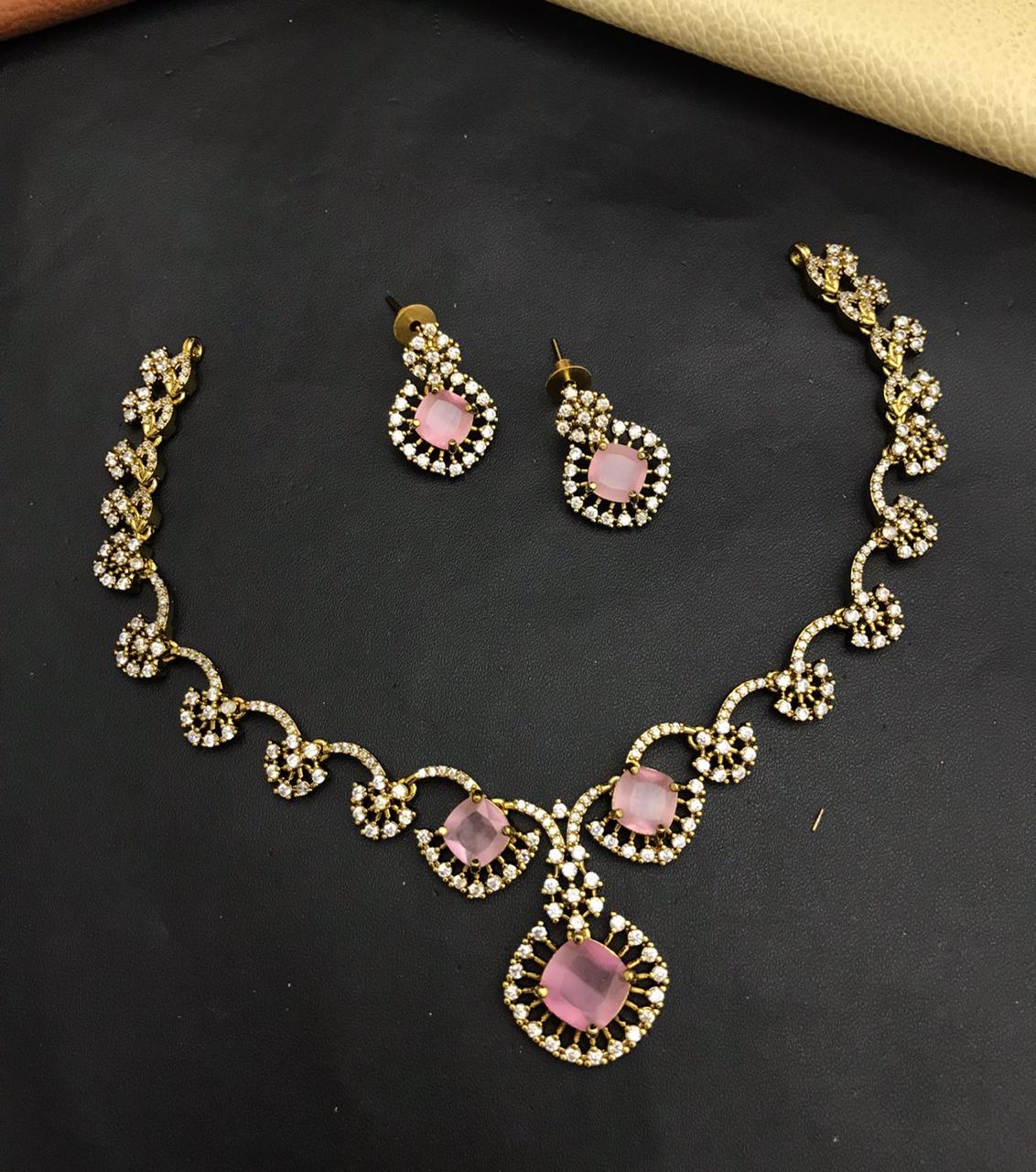 Classic Gold Plated Floral Design CZ Stone Necklace Set With Earrings