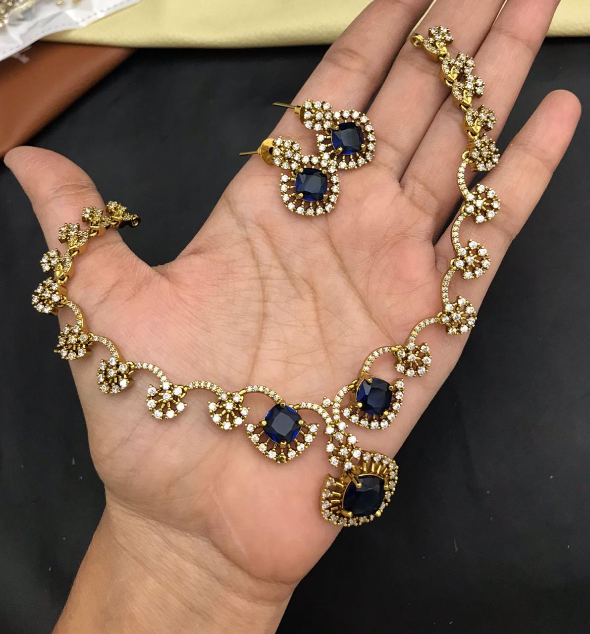 Classic Gold Plated Floral Design CZ Stone Necklace Set With Earrings