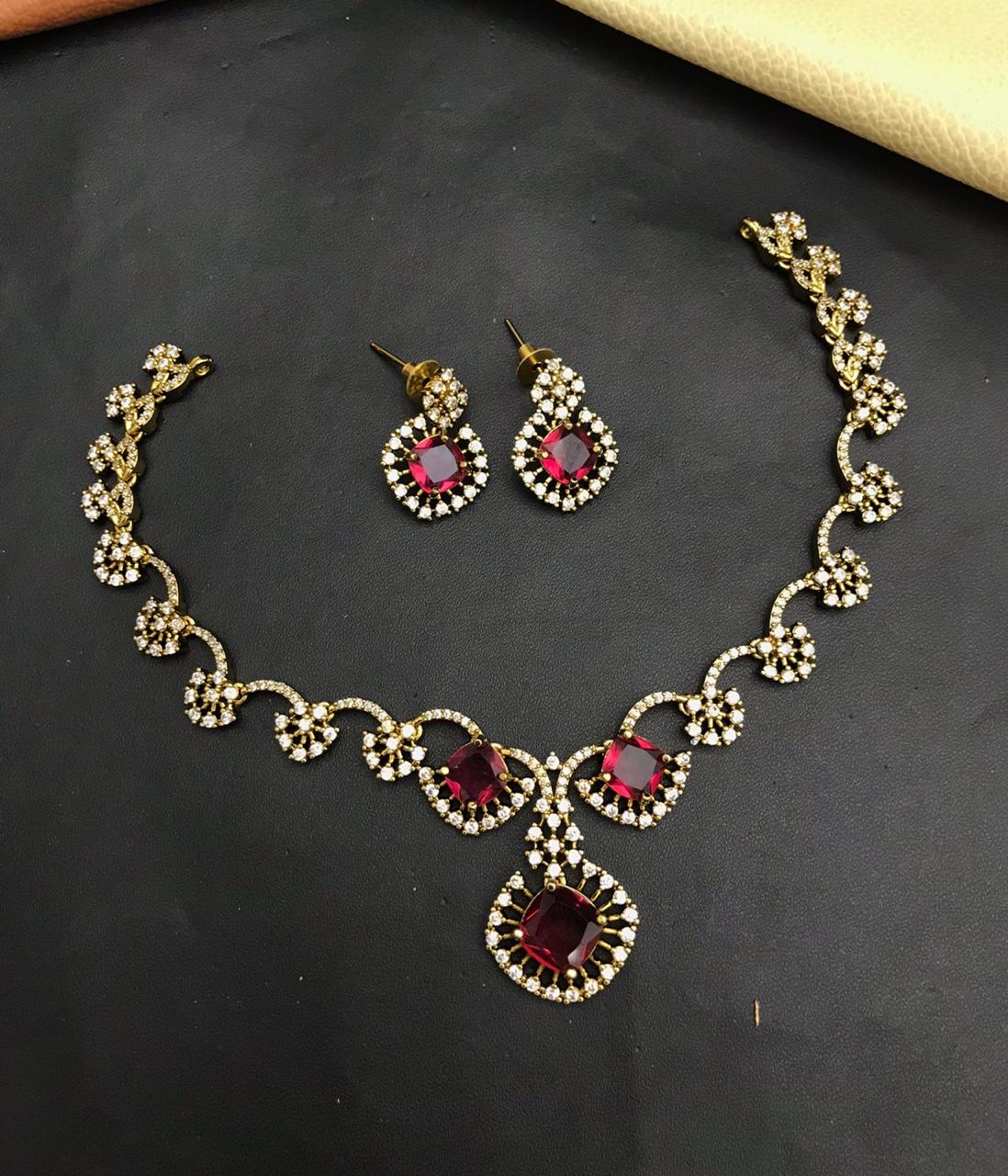 Classic Gold Plated Floral Design CZ Stone Necklace Set With Earrings