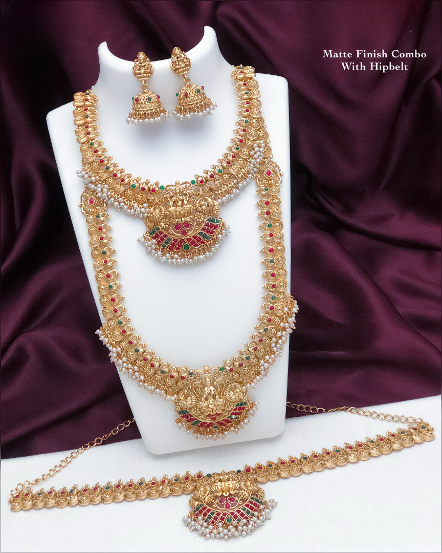 Classic Matte Finish Bridal Combo Set With Ruby-Green Stones & Pearls - Lakshmi Motif