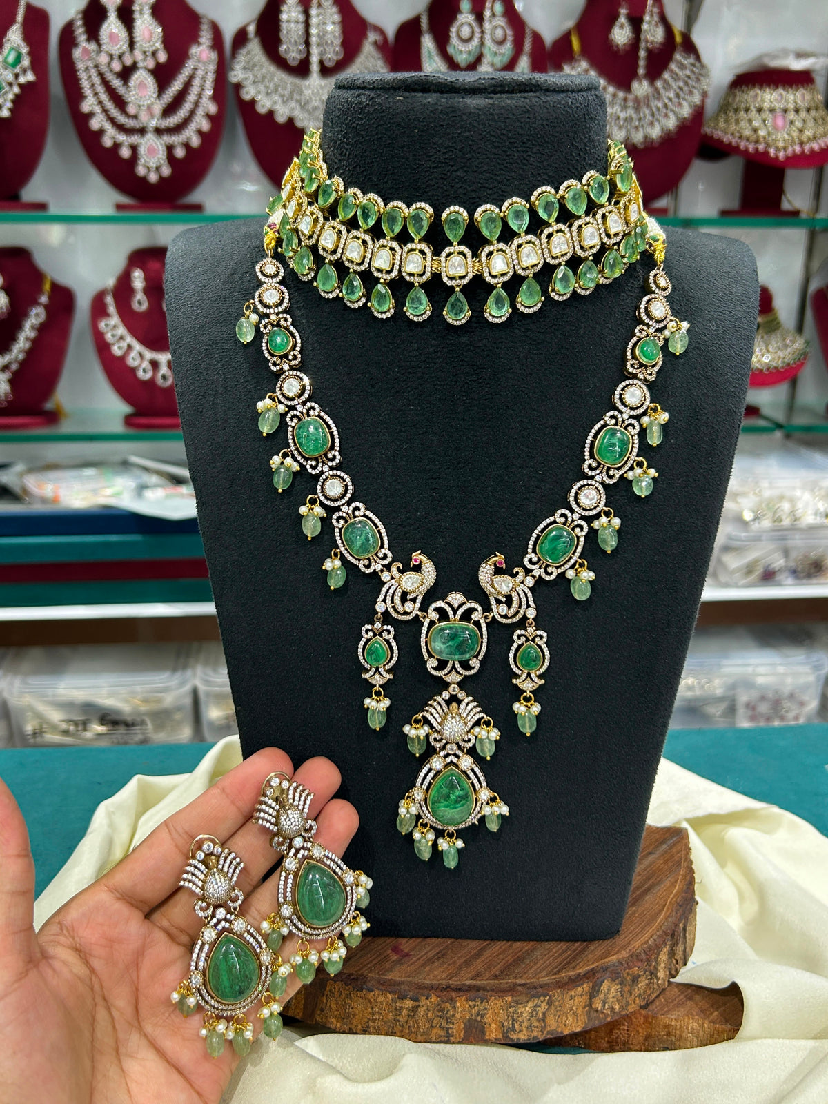 Classic Victorian Bridal Choker and Long Necklace with Earrings- Green