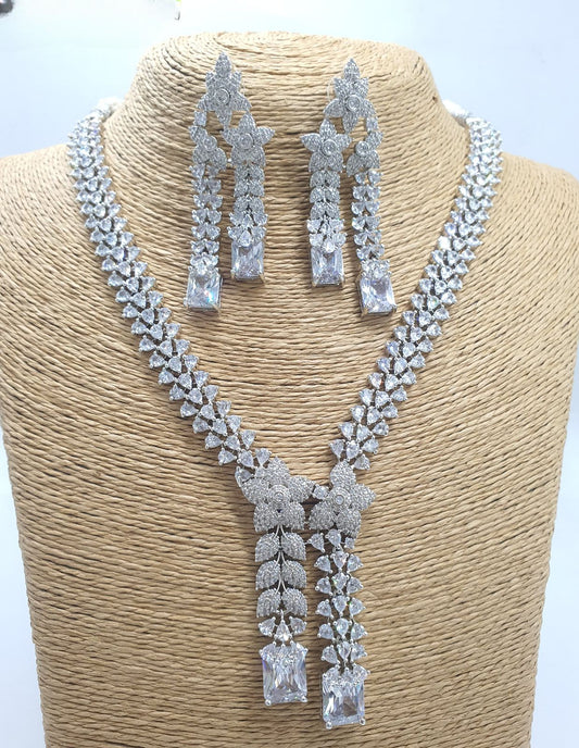 Classy AD Stone Silver  Necklace Set With Stud Earrings