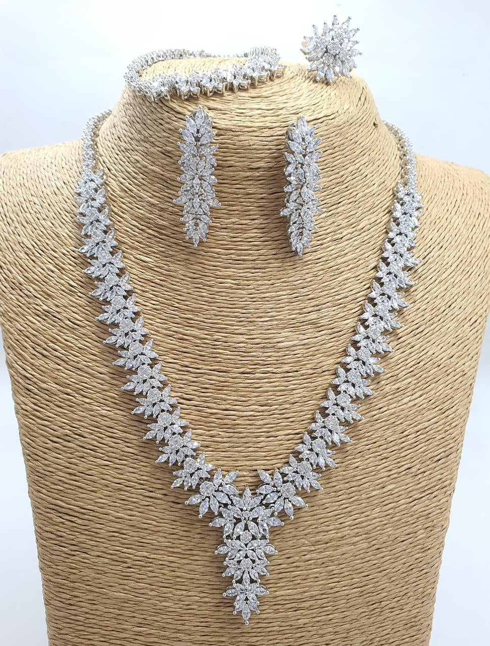 Classy AD Stone Silver  Necklace Set With Stud Earrings Bracelet And Ring