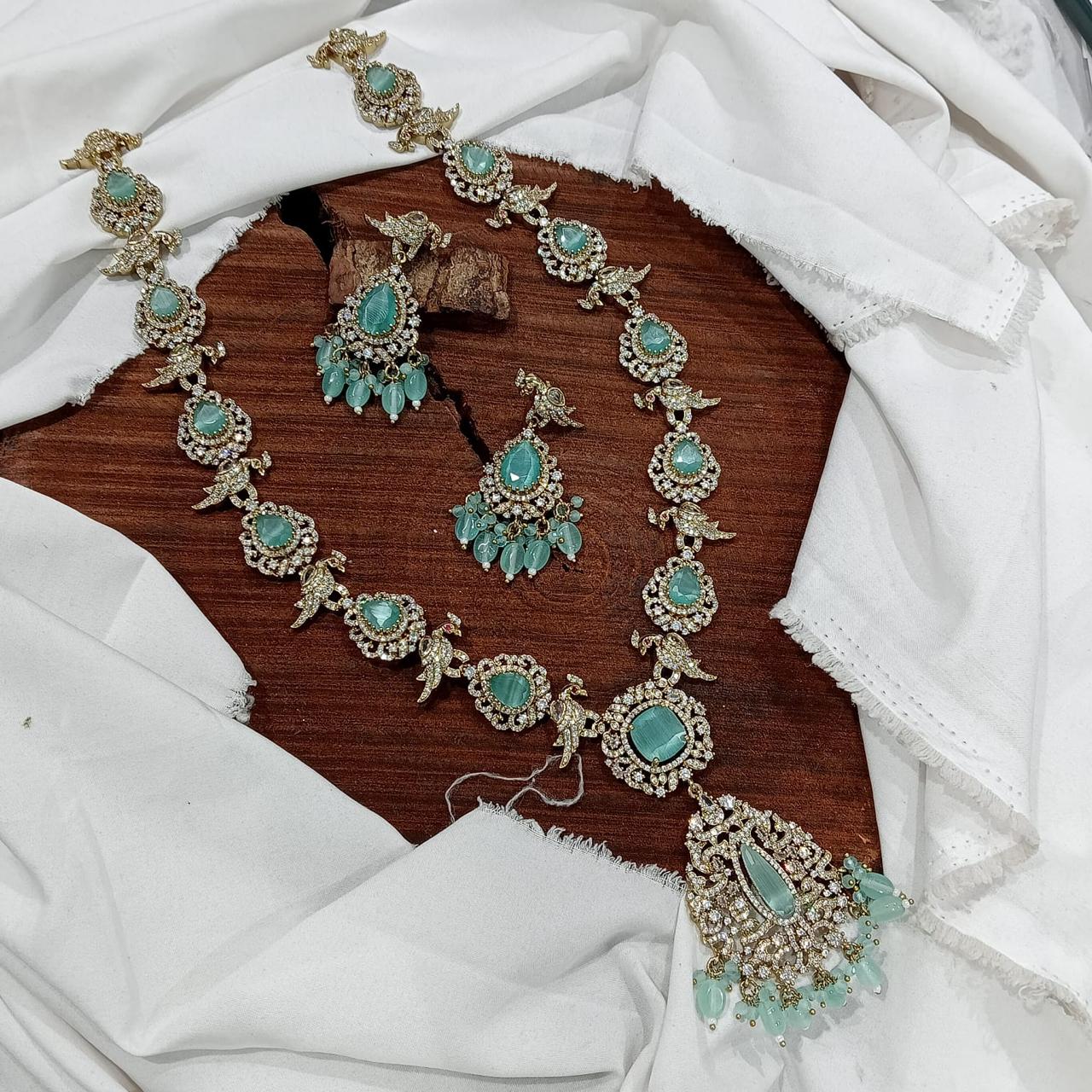 Classy Premium CZ Stone Victorian Necklace With Earrings-Peacock Motif