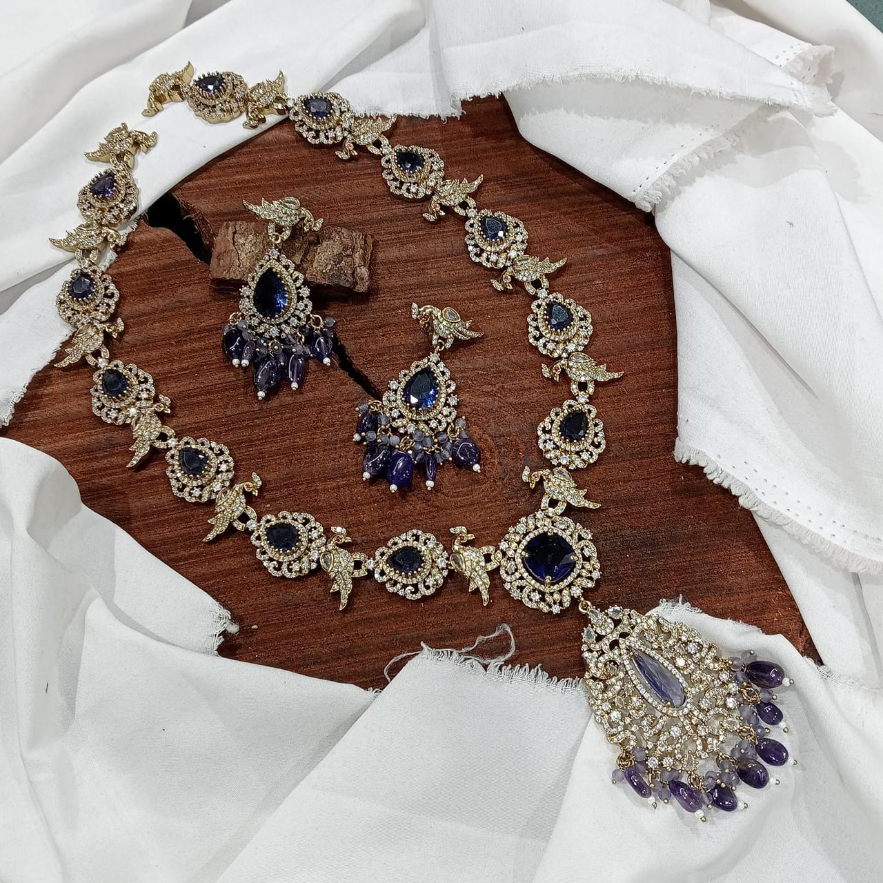 Classy Premium CZ Stone Victorian Necklace With Earrings-Peacock Motif