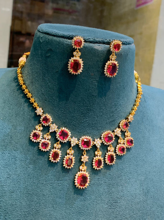 Amazing CZ Stone Premium Silver Finish Necklace Set With Earrings - Red