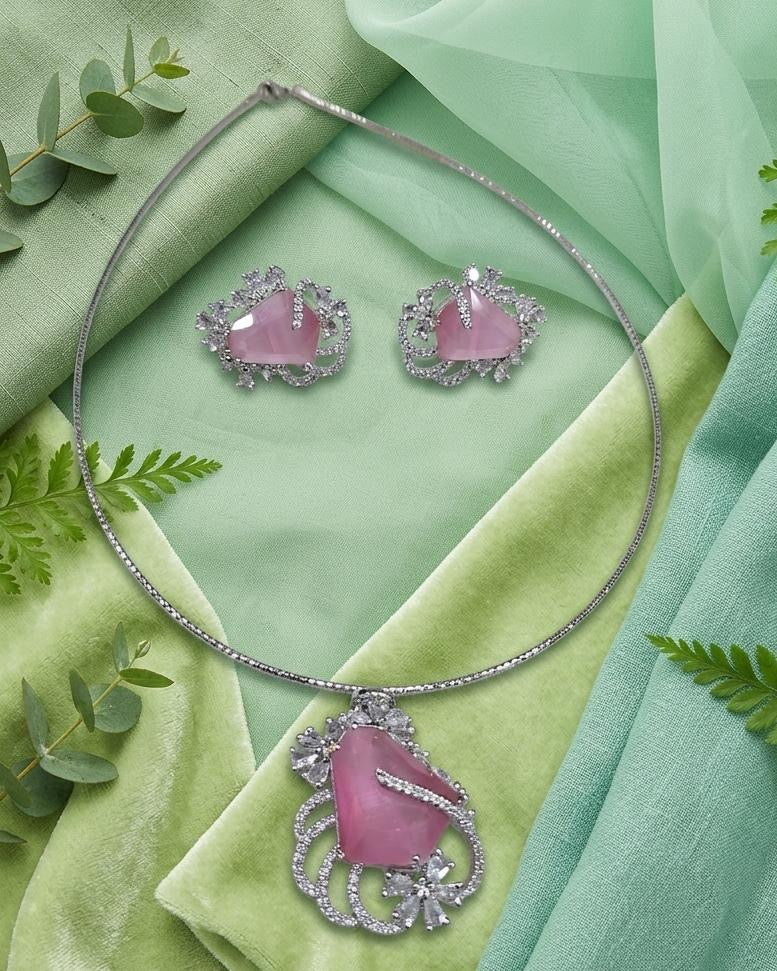 Premium Quality Silver Finish AD Pendant Necklace Set With Earrings