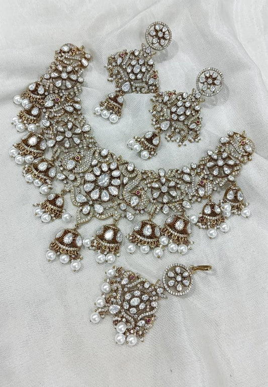 Bridal Victorian Opulence: Elegant Real Diamond like Moissanite Stone Choker Necklace with Earrings and Tikka