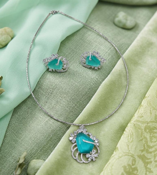 Premium Quality Silver Finish AD Pendant Necklace Set With Earrings