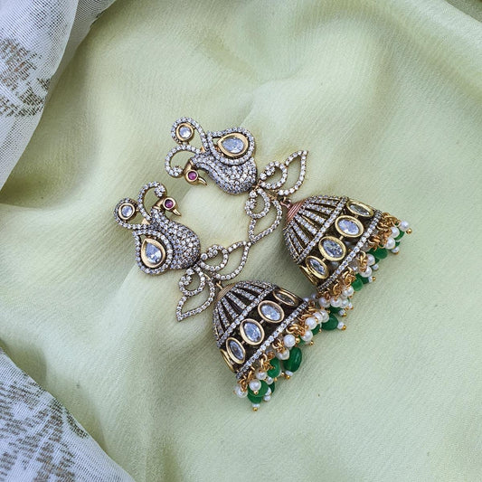 Pretty Victorian Stone Jhumka Earrings- Green