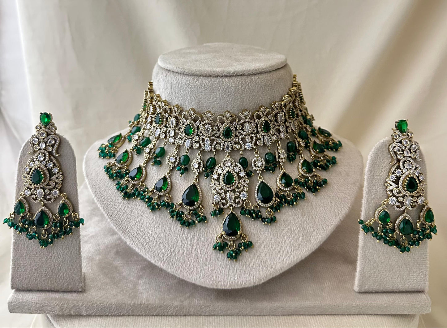 Unique Victorian Polish Cz Stone Bridal Choker Necklace with Earrings- Purple, Green, White, Mint, Pink, Red