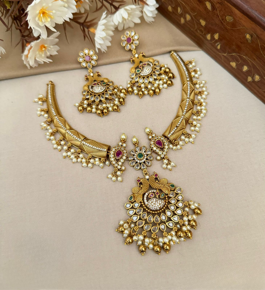 Latest Cz Stone Matte Finish Jewelry-Peacock Pendant Necklace Set
