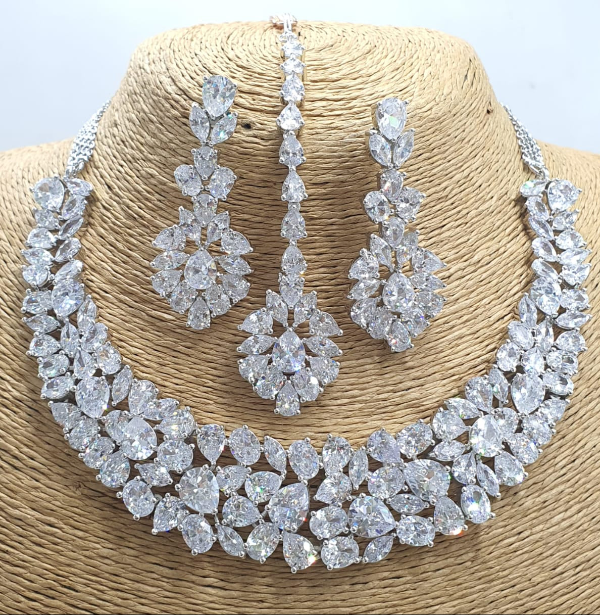 Designer Wear Premium Floral Bridal Necklace Set With Earrings & Tikka - Silver Finish