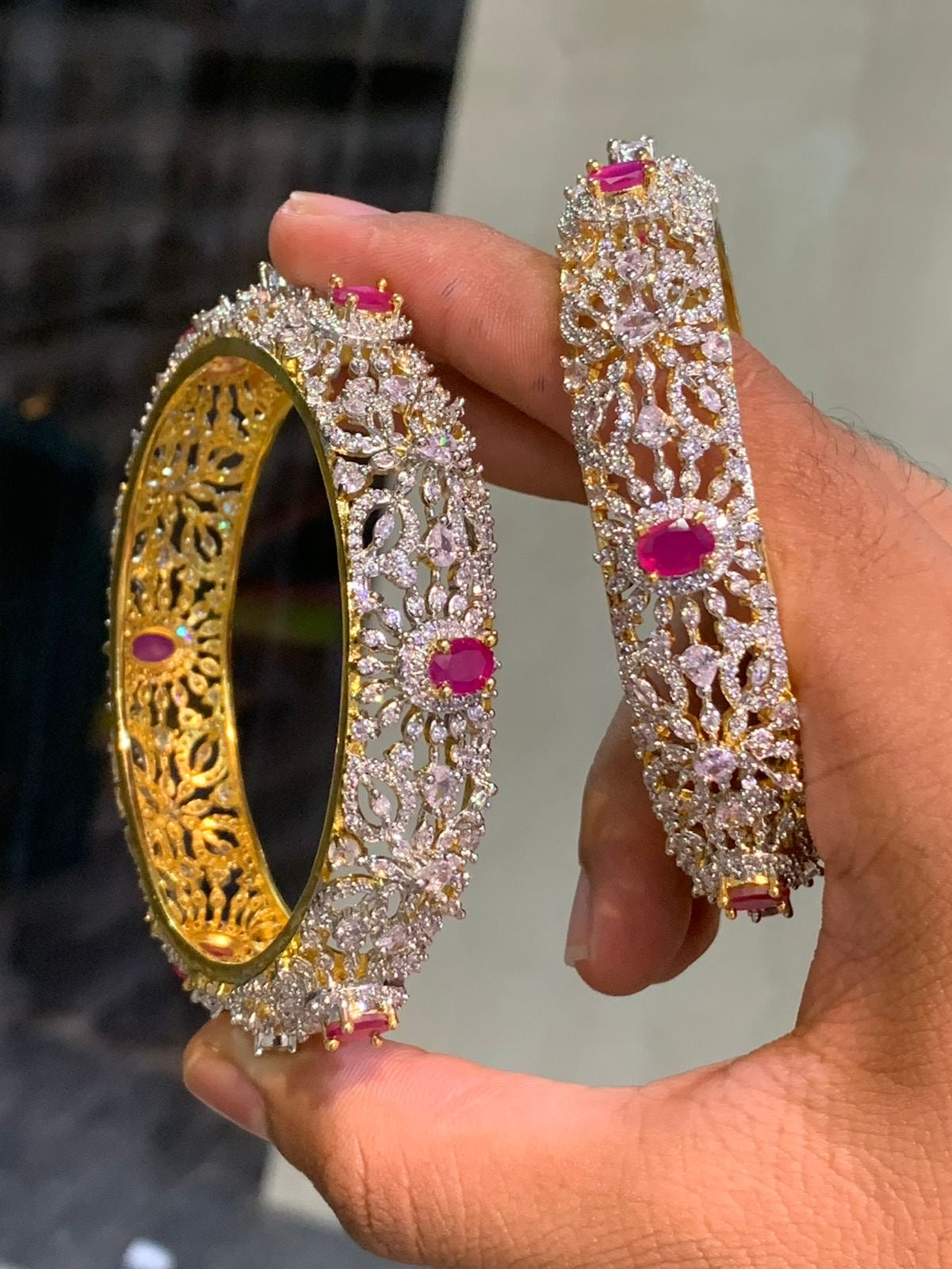 DesignerWear GJ Polish Cz Stone Broad Bangles -Pink -set of 2-Party Wear jewelry