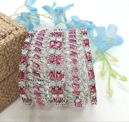 DesignerWear Premium Silver Finish CZ Stone Openable Kada Bangles - 6 Pieces
