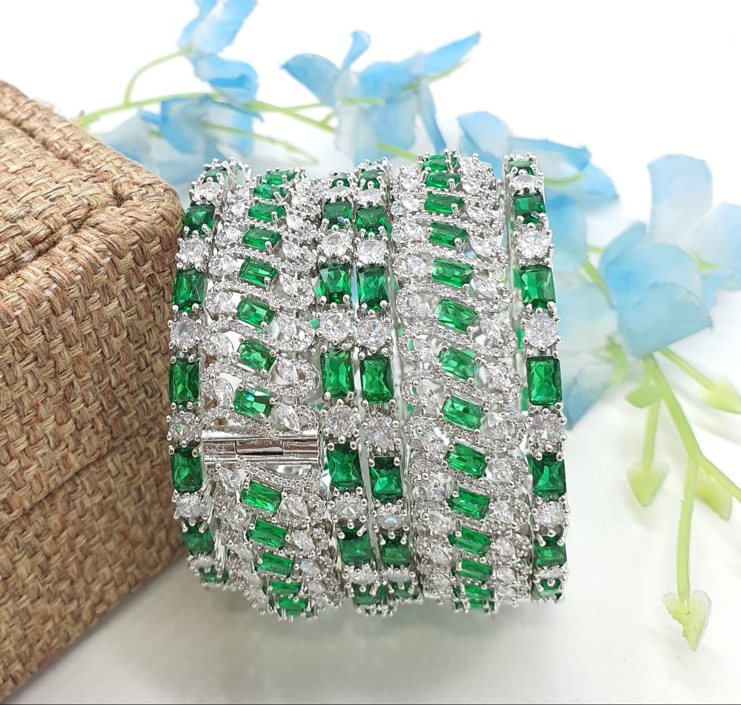 DesignerWear Premium Silver Finish CZ Stone Openable Kada Bangles - 6 Pieces