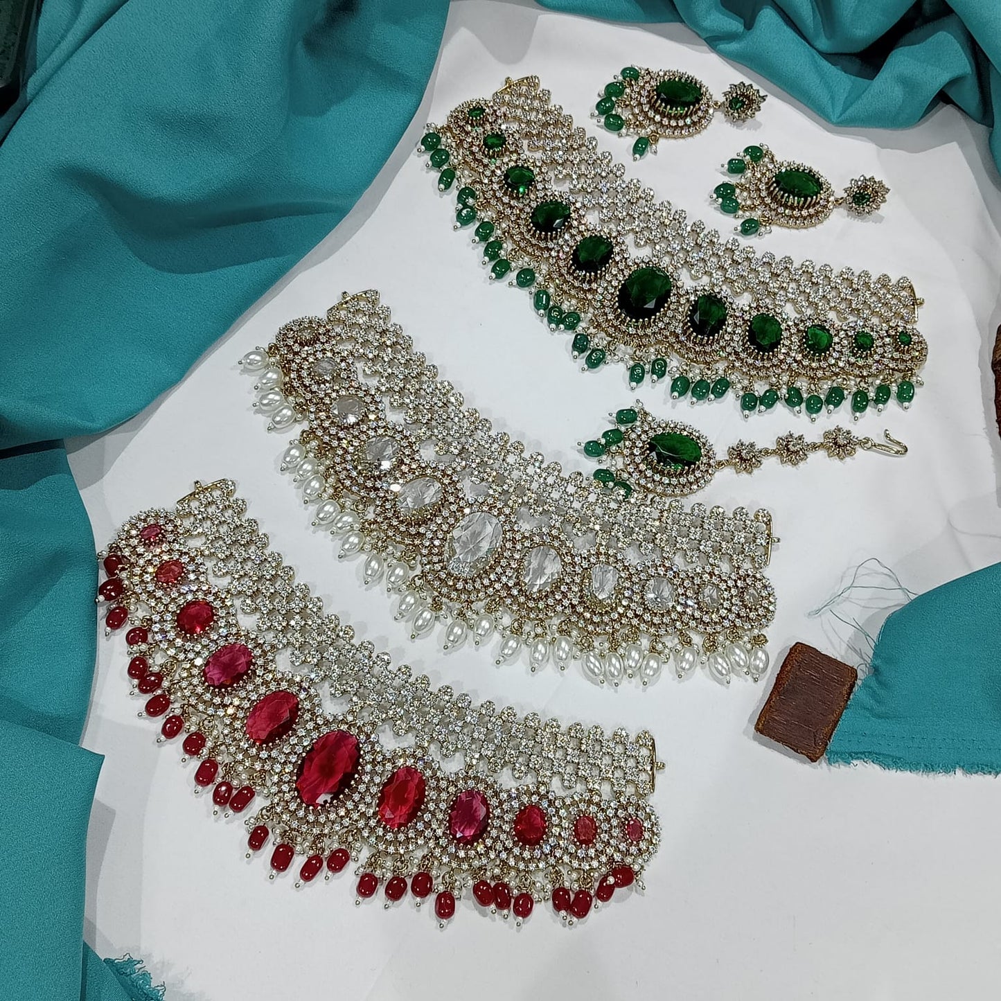 Designer Victorian CZ  Doublet Choker Necklace Set With Earrings & Tikka