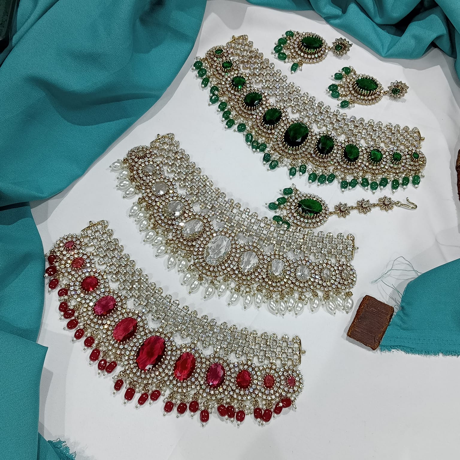 Designer Victorian CZ  Doublet Choker Necklace Set With Earrings & Tikka