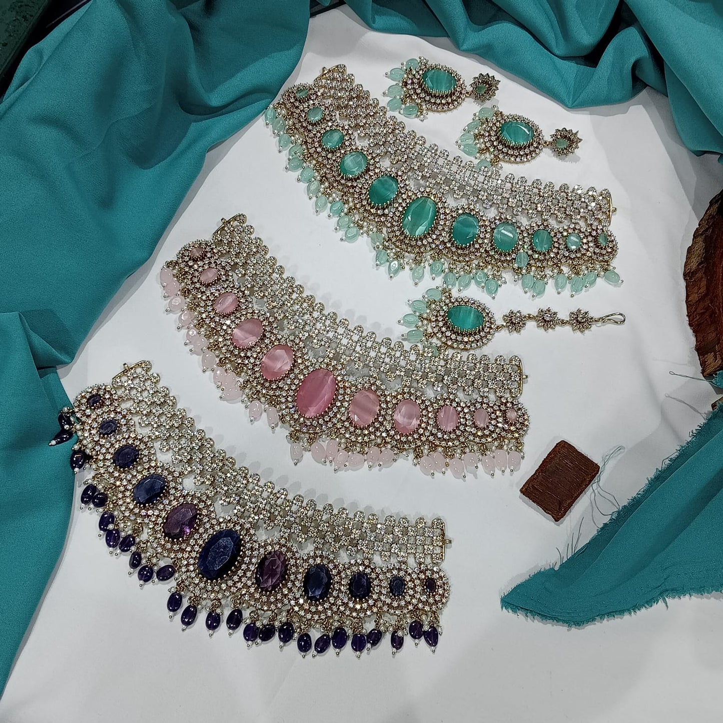 Designer Victorian CZ  Doublet Choker Necklace Set With Earrings & Tikka