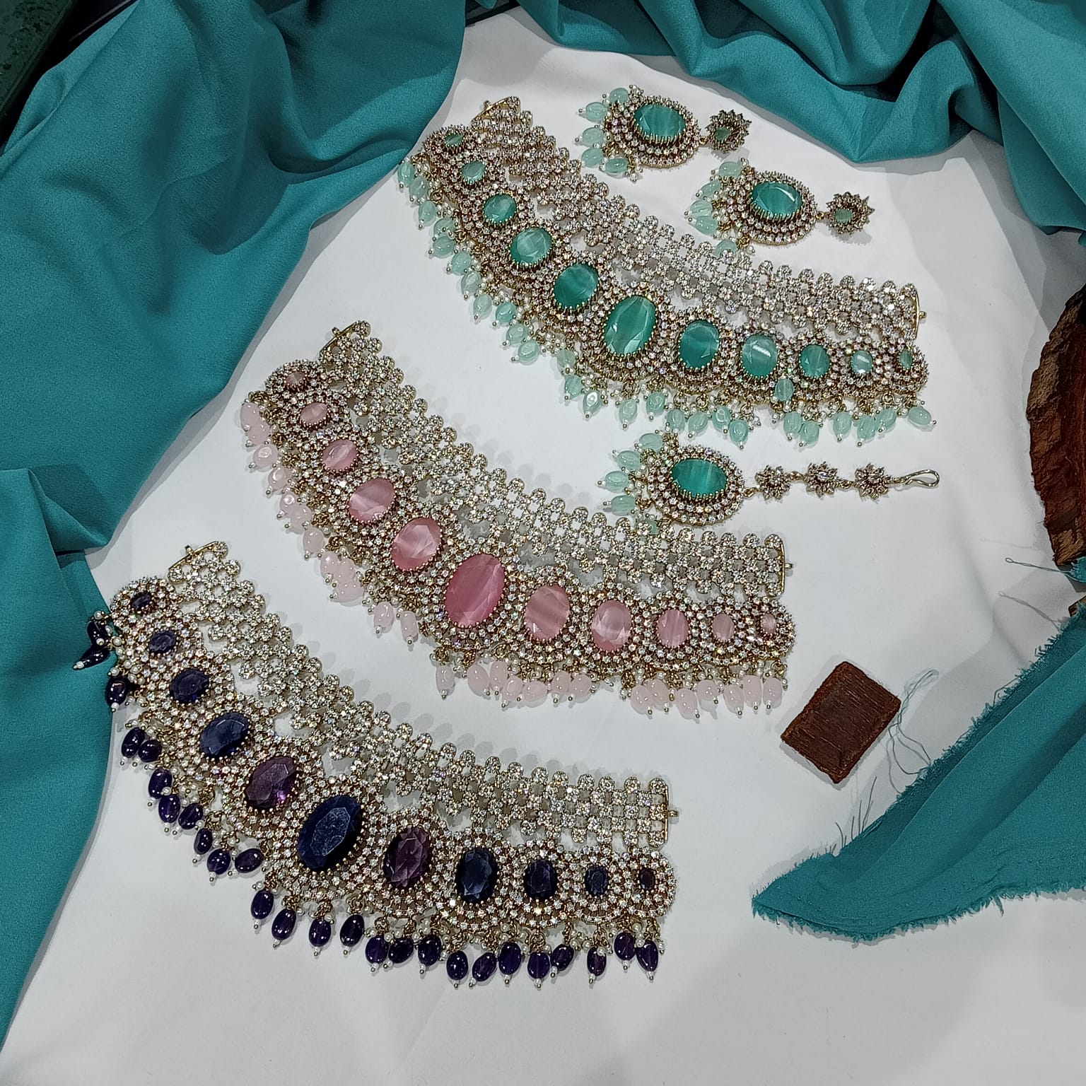 Designer Victorian CZ  Doublet Choker Necklace Set With Earrings & Tikka