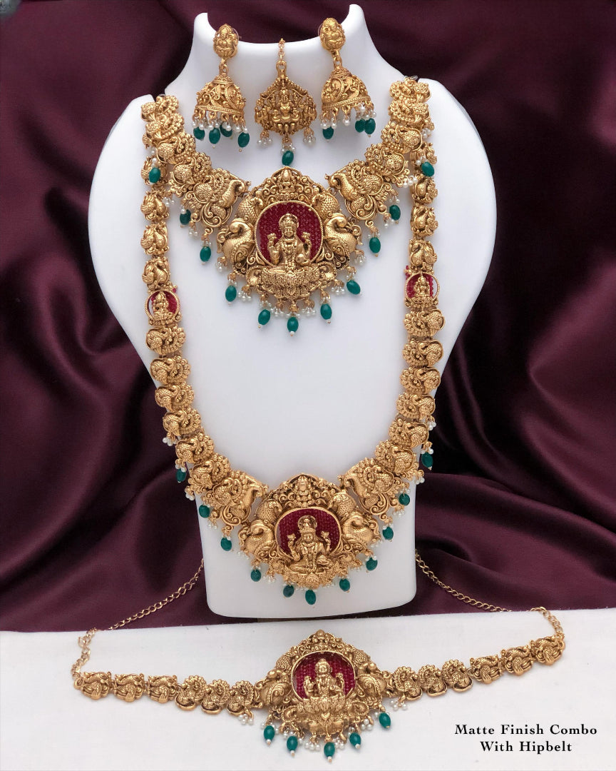 Designer Matte Finish Haram Long Necklace Combo Set with Earrings and Tikka - Lakshmi Motif