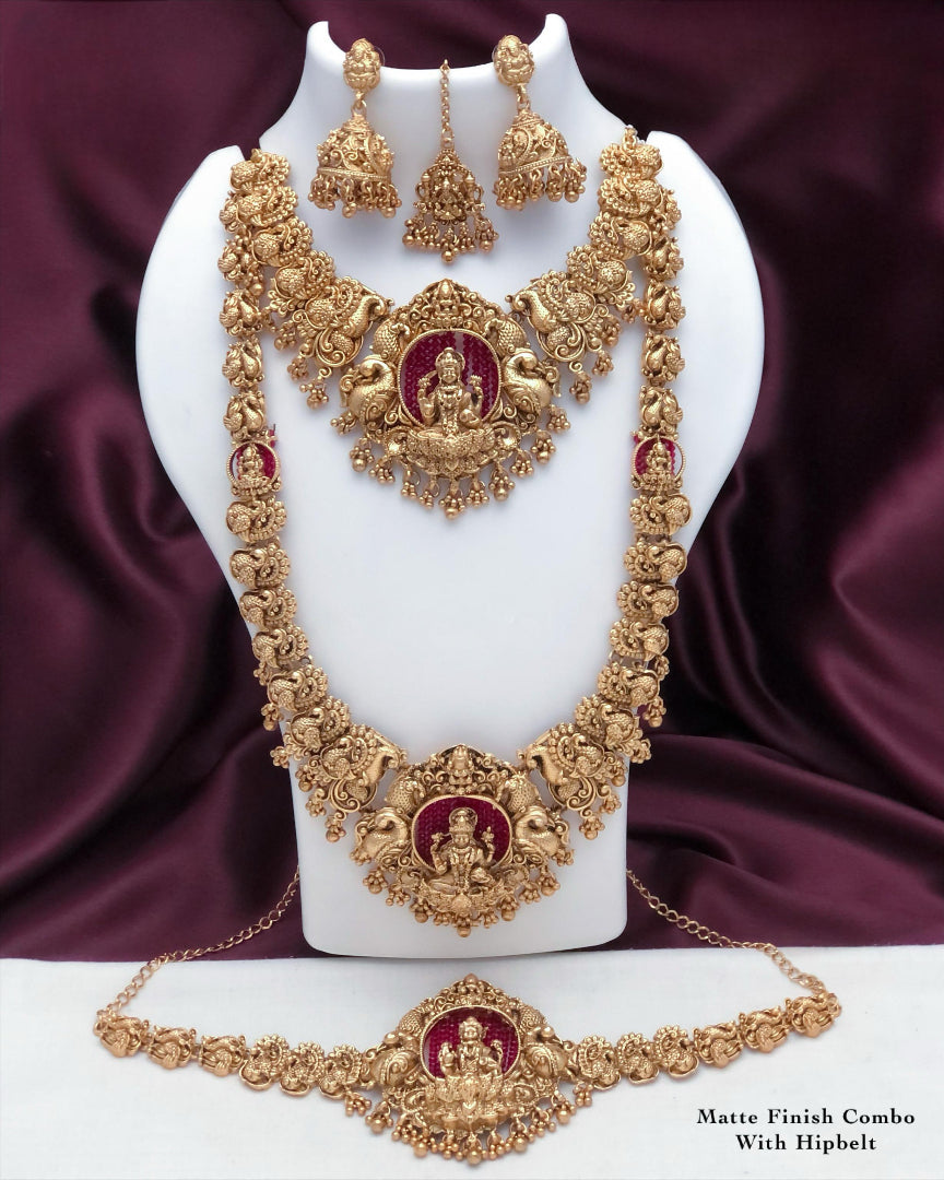 Designer Matte Finish Haram Long Necklace Combo Set with Earrings and Tikka - Lakshmi Motif