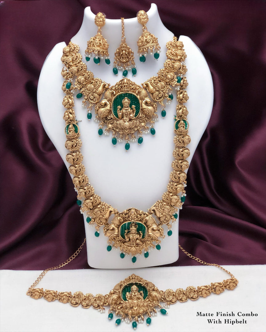 Designer Matte Finish Haram Long Necklace Combo Set with Earrings and Tikka - Lakshmi Motif