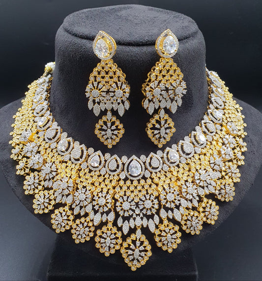 Designer Premium Bridal AD Stone Necklace Set With Earrings -Gold Finish