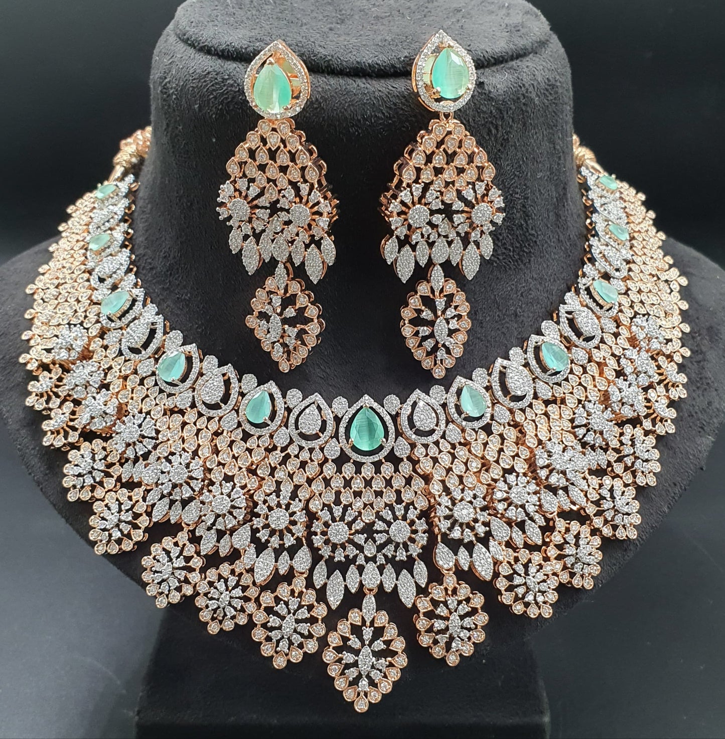 Designer Premium Bridal AD Stone Necklace Set With Earrings -Rose Gold