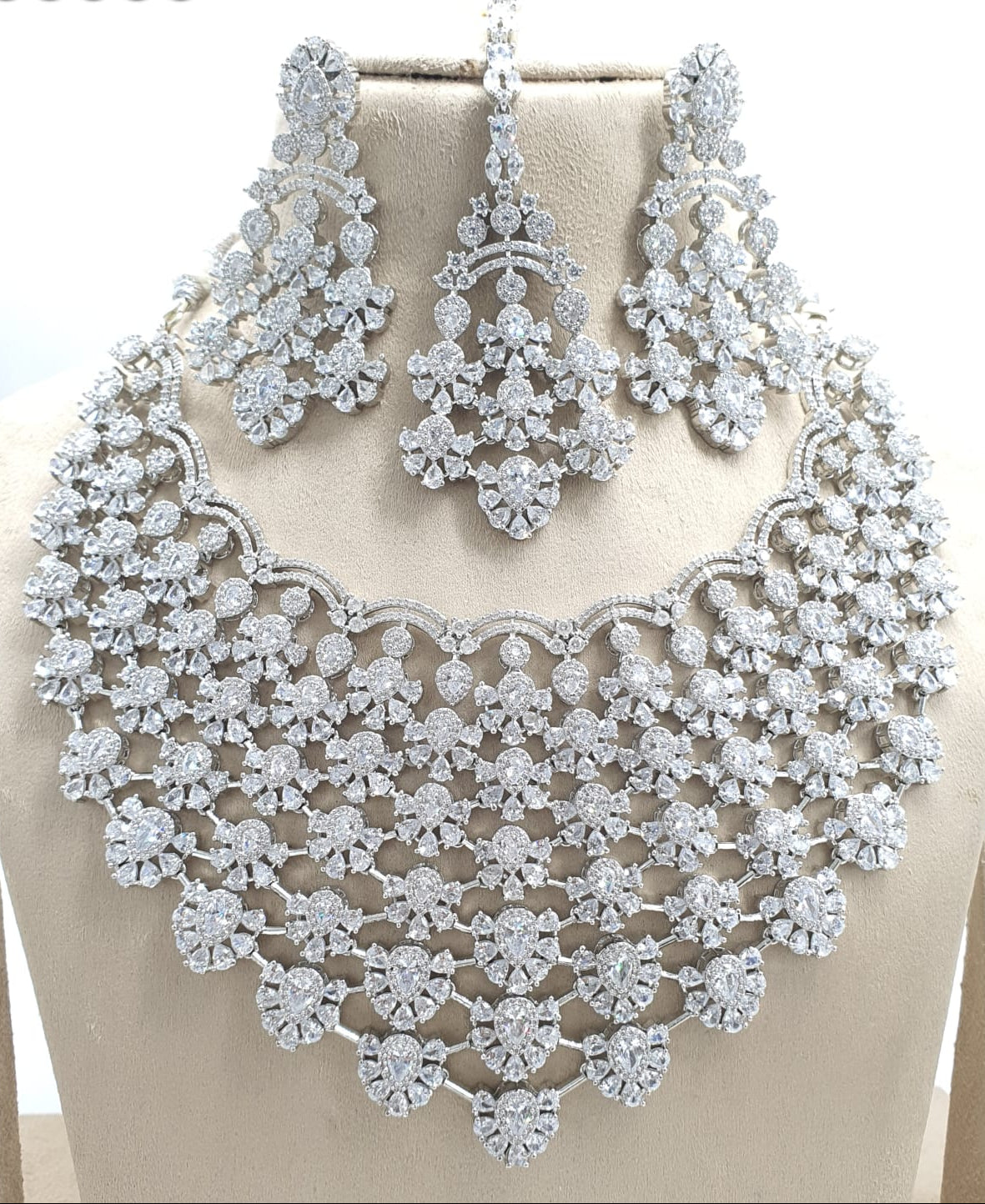 Designer Premium Bridal AD Stone Necklace Set With Earrings -Silver Polish