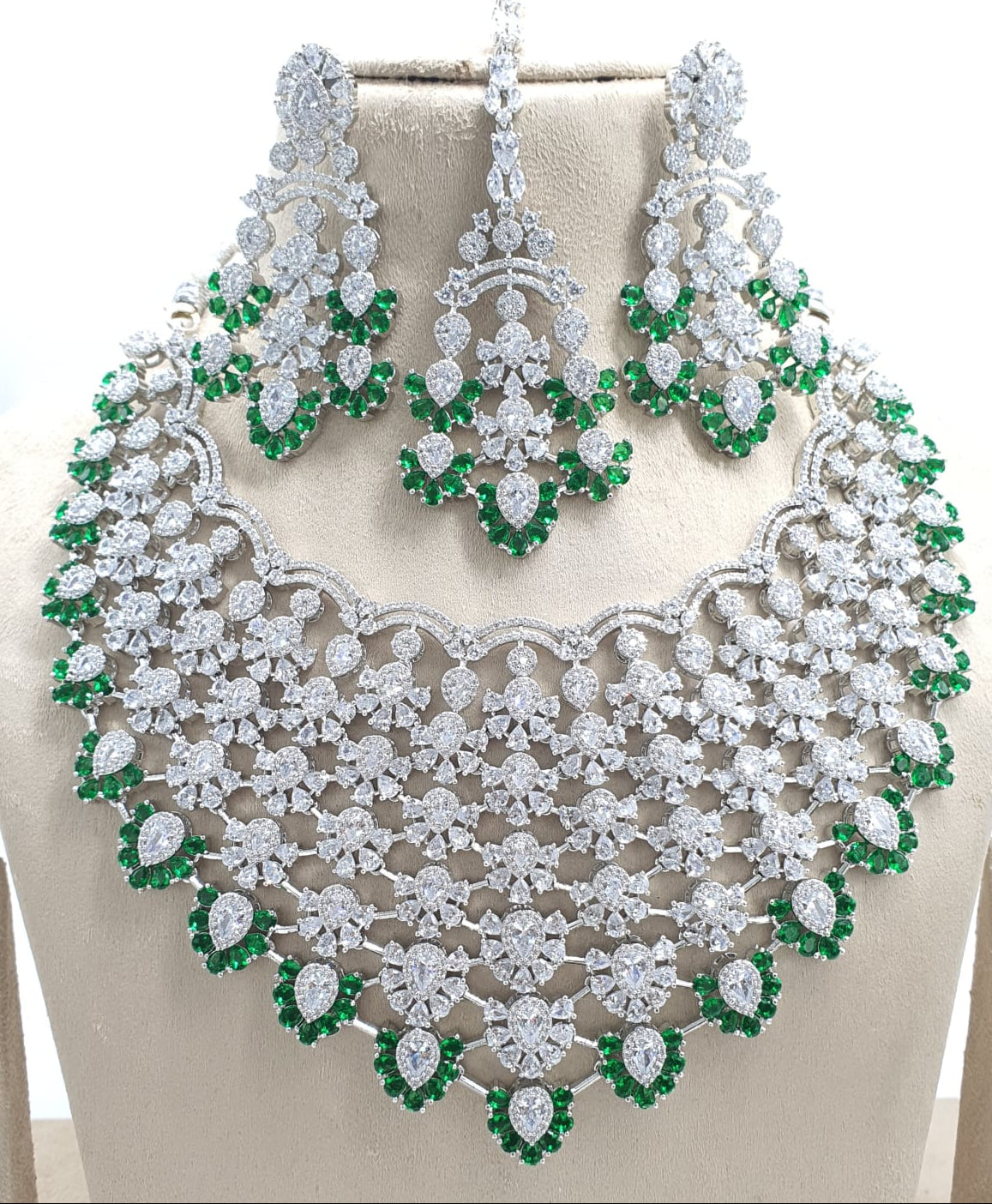 Designer Premium Bridal AD Stone Necklace Set With Earrings -Silver Polish