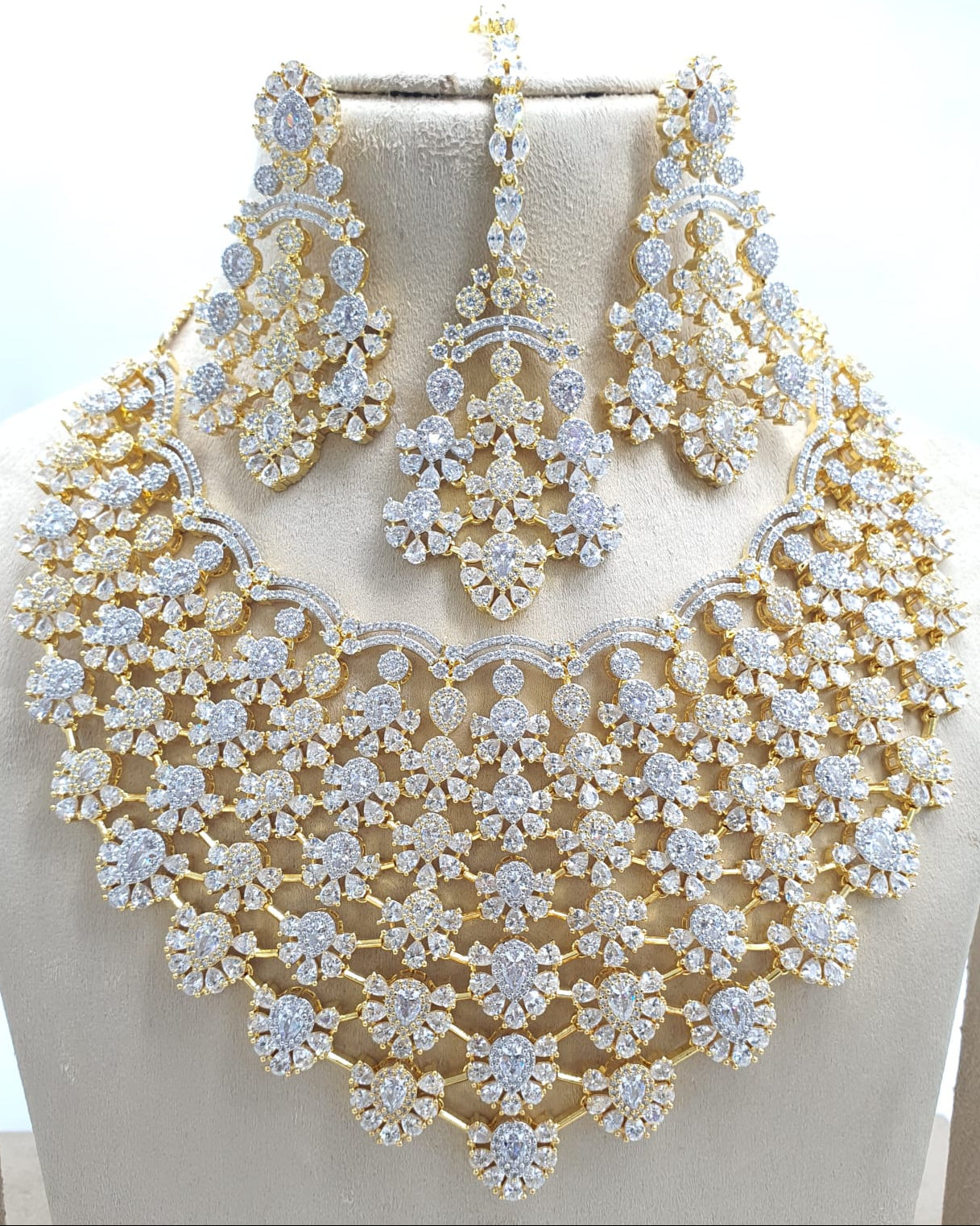 Designer Premium Bridal AD Stone Necklace Set With Earrings & Tikka -Gold Finish