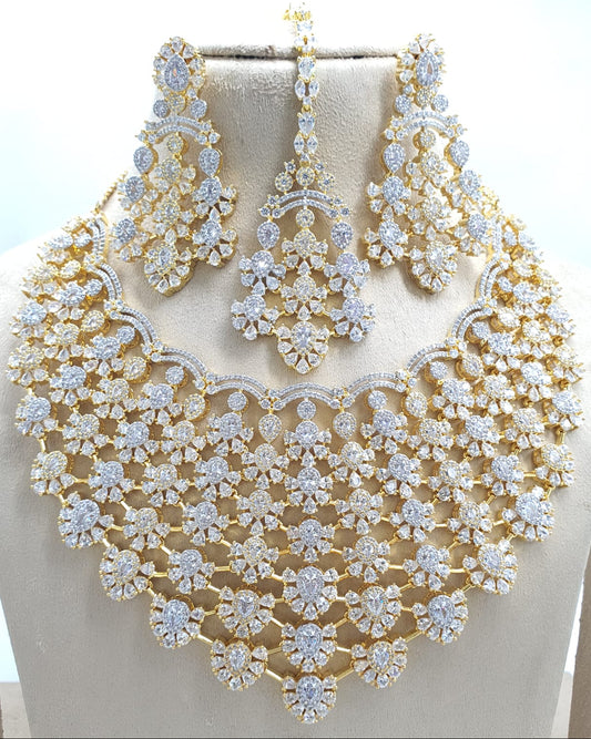 Designer Premium Bridal AD Stone Necklace Set With Earrings & Tikka -Gold Finish