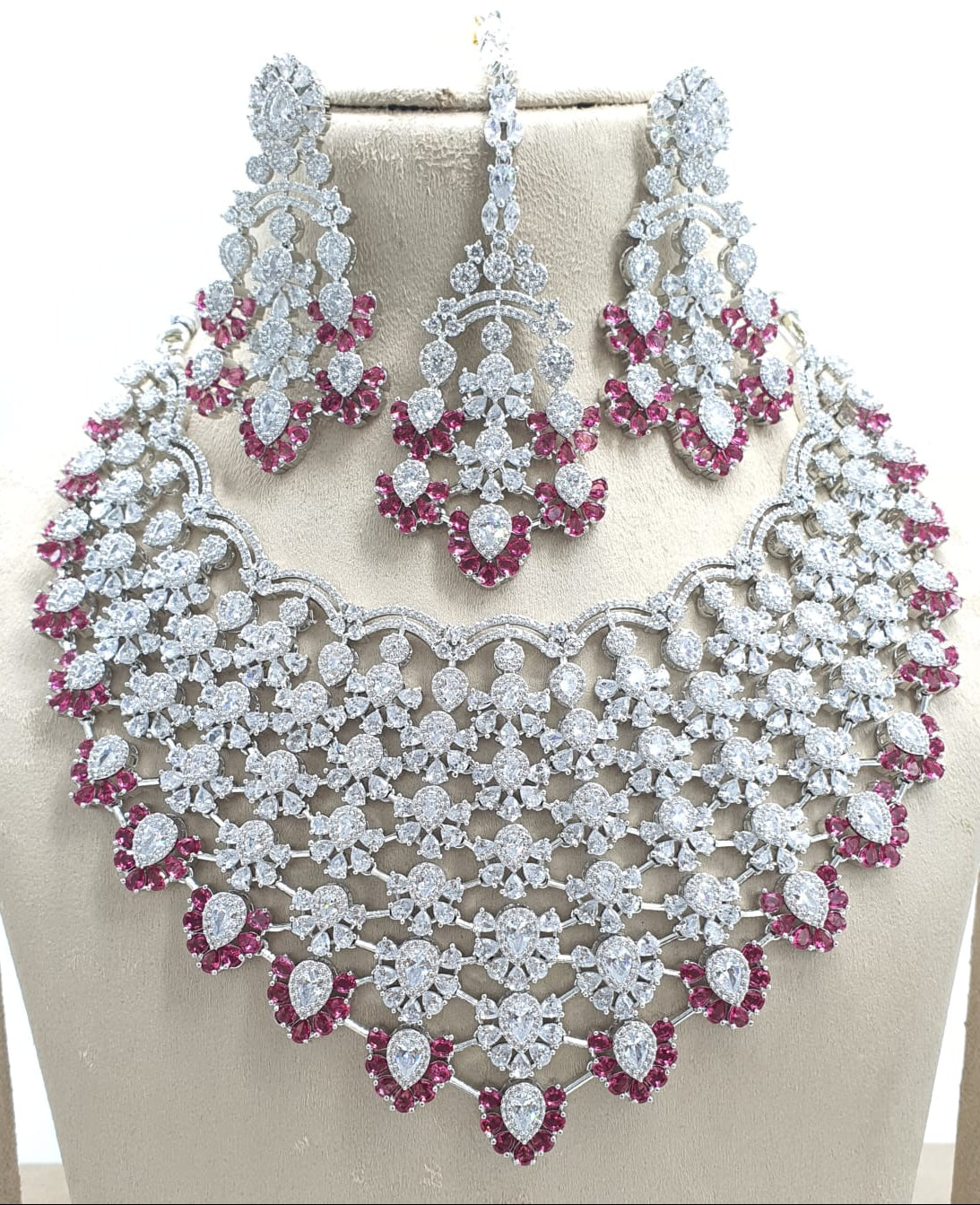 Designer Premium Bridal AD Stone Necklace Set With Earrings -Silver Polish
