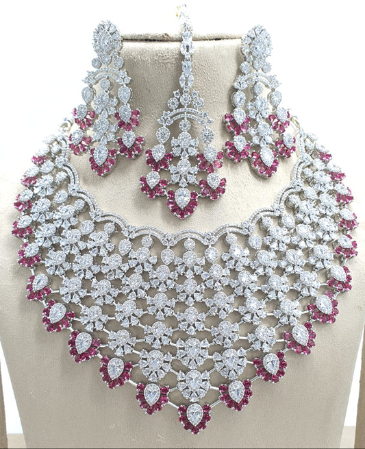 Designer Premium Bridal AD Stone Necklace Set With Earrings -Silver Polish