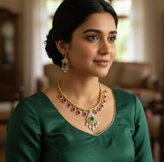 Designer Premium Gold Finish CZ Stone Necklace Set With Earrings - Multicolor