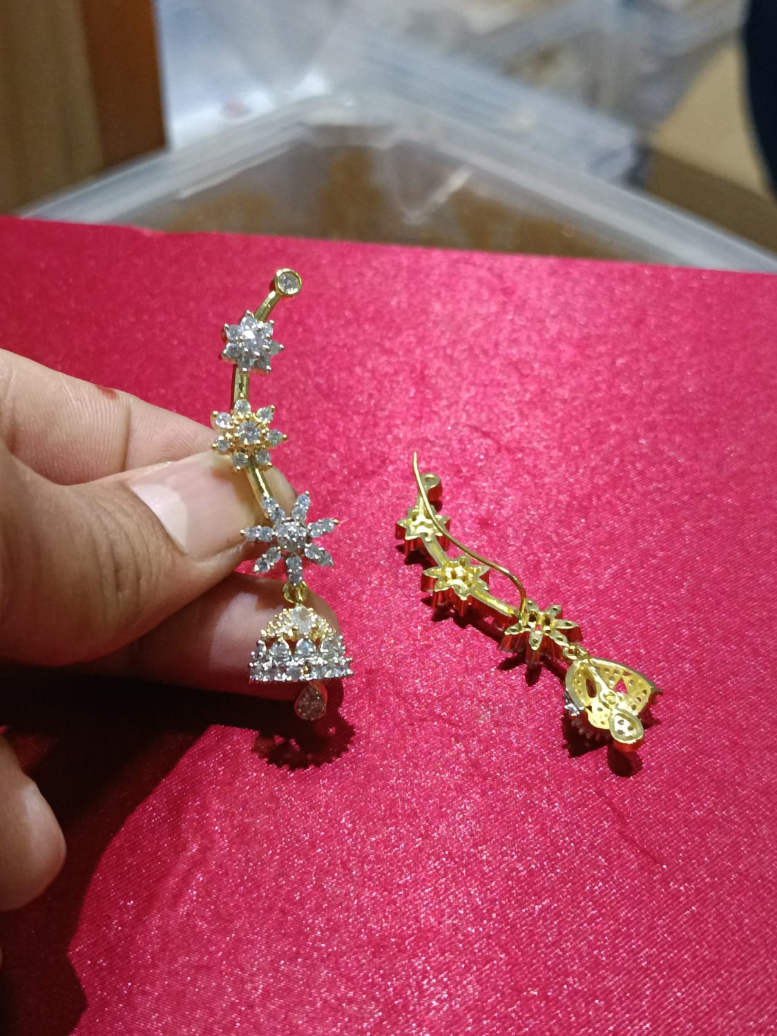 Designer Premium Gold  Flower Ear Climber Earrings With Drops - 1 Pair