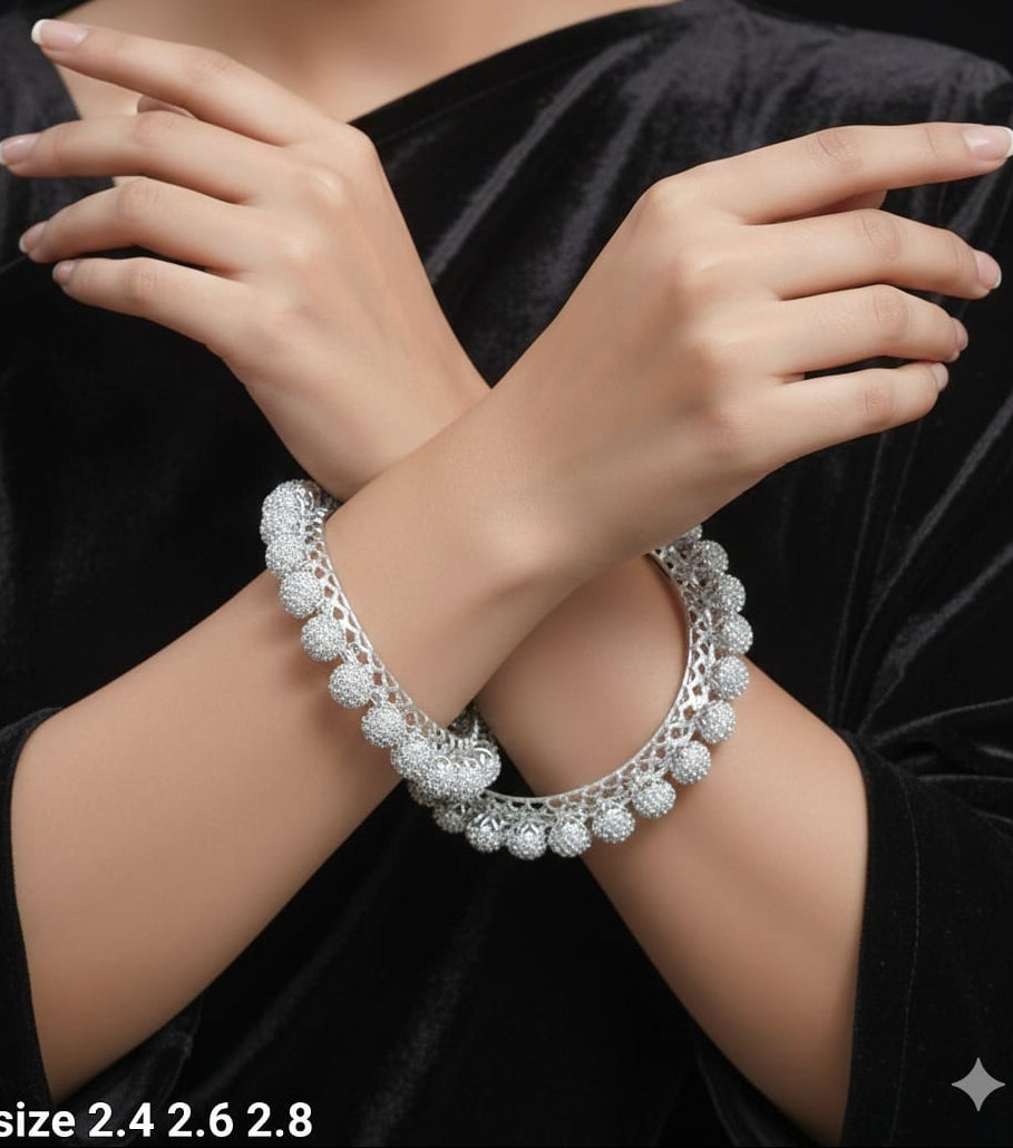 Designer Premium Quality Silver Finish Ball Pattern CZ Bangles - Set Of 2