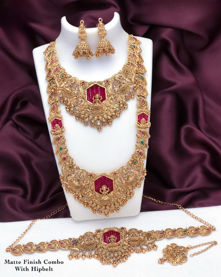 Designer Temple Jewelry Haram Necklace Set with Earrings Combo Lakshmi Motif