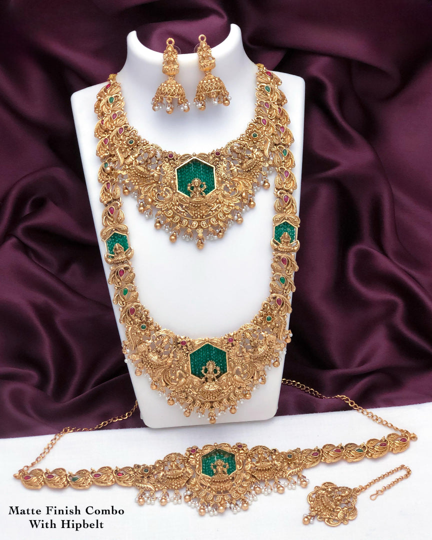 Designer Temple Jewelry Haram Necklace Set with Earrings Combo Lakshmi Motif