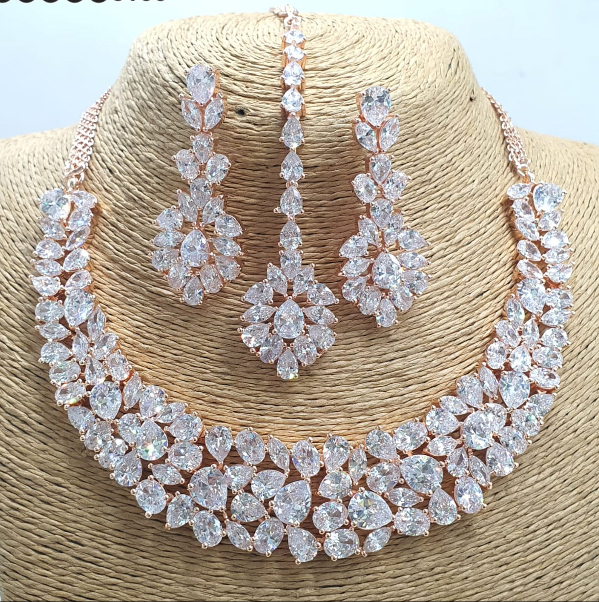 Designer Wear Premium Floral Bridal Necklace Set With Earrings & Tikka