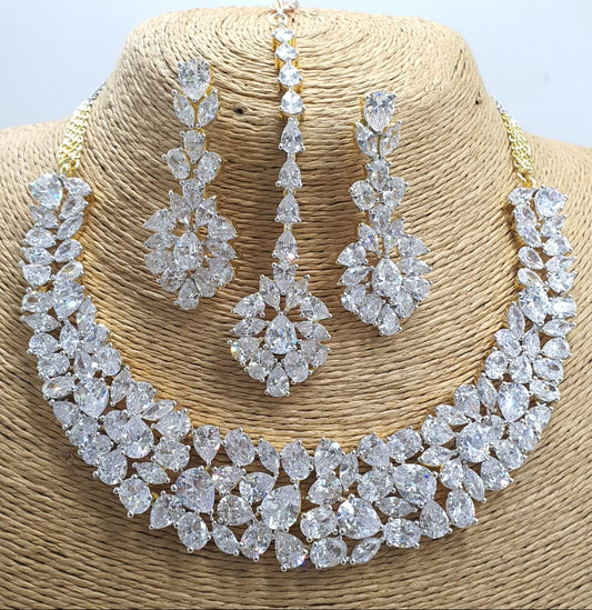 Designer Wear Premium Floral Bridal Necklace Set With Earrings & Tikka