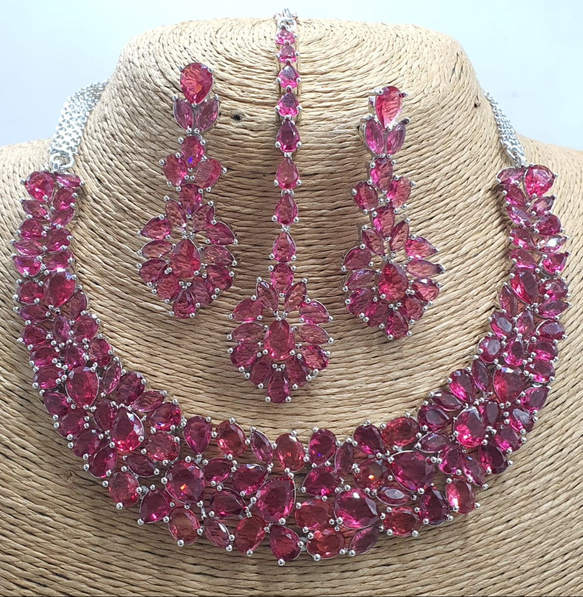 Designer Wear Premium Floral Bridal Necklace Set With Earrings & Tikka - Silver Finish