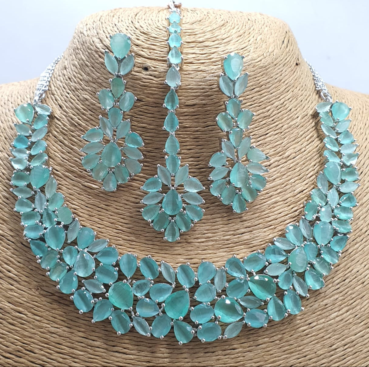 Designer Wear Premium Floral Bridal Necklace Set With Earrings & Tikka - Silver Finish