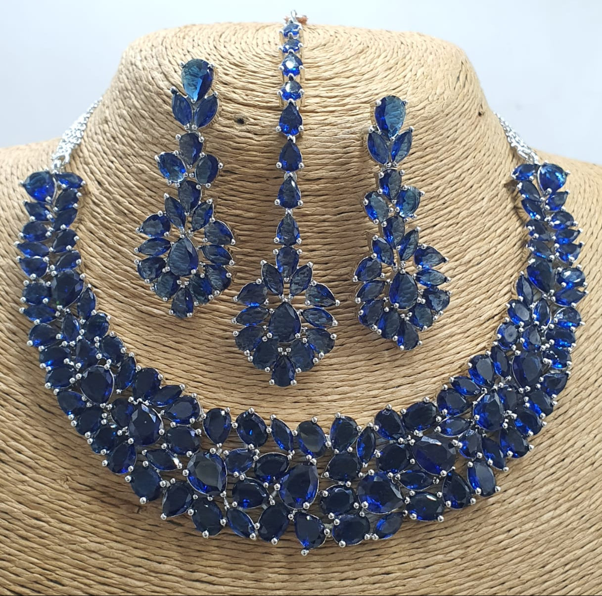 Designer Wear Premium Floral Bridal Necklace Set With Earrings & Tikka - Silver Finish