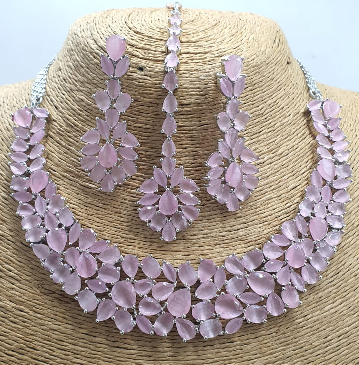 Designer Wear Premium Floral Bridal Necklace Set With Earrings & Tikka - Silver Finish