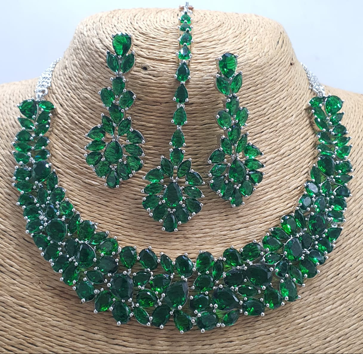 Designer Wear Premium Floral Bridal Necklace Set With Earrings & Tikka - Silver Finish