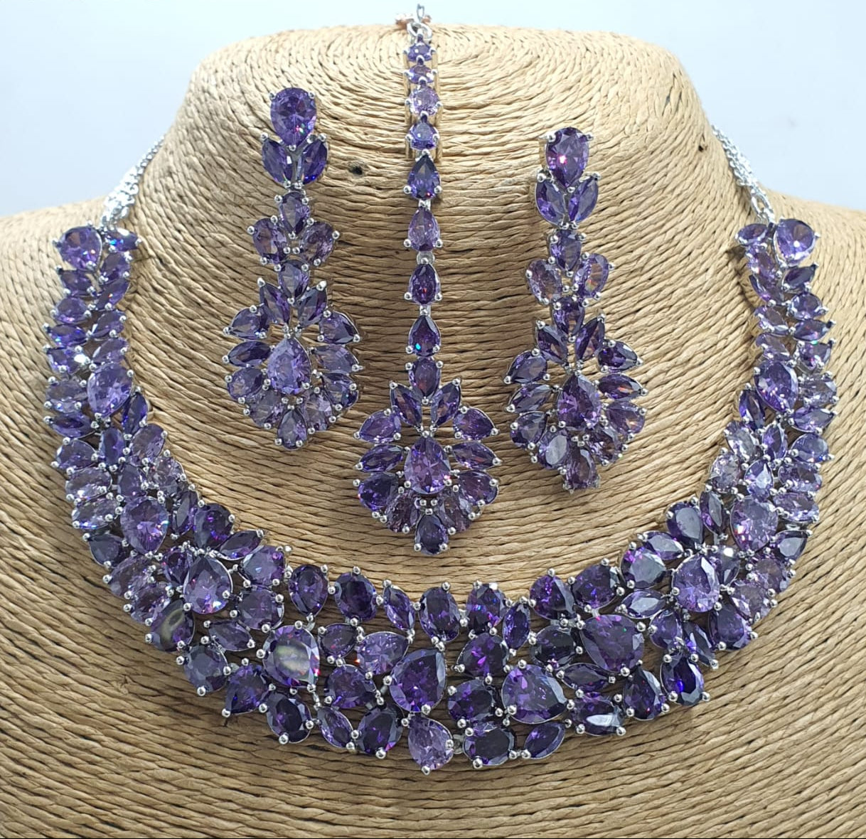 Designer Wear Premium Floral Bridal Necklace Set With Earrings & Tikka - Silver Finish