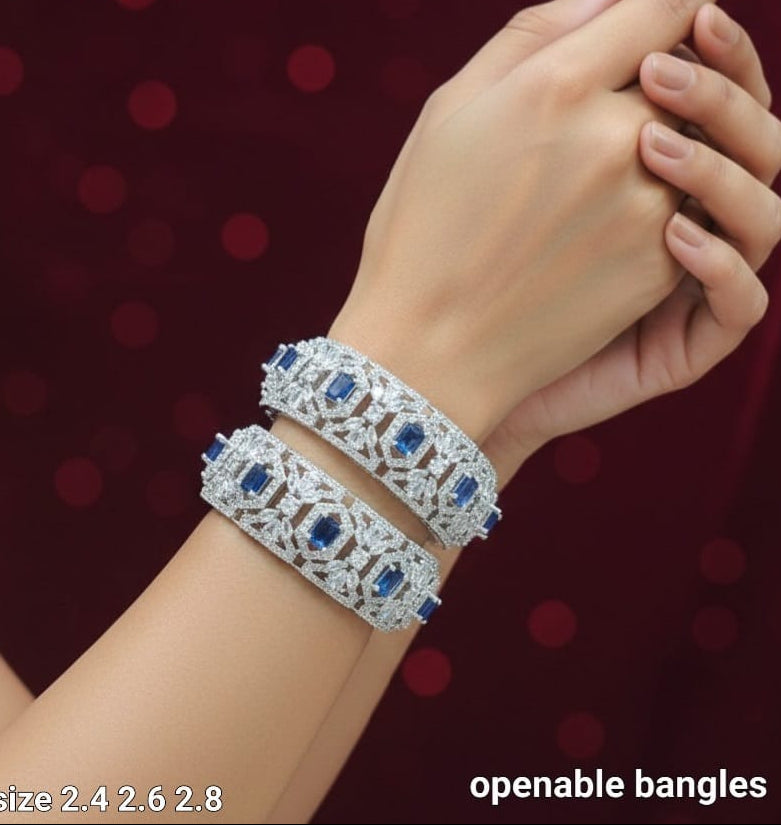 Designer Wear Silver Finish CZ Stone Broad Bangles -  Set Of 2 - Premium Quality